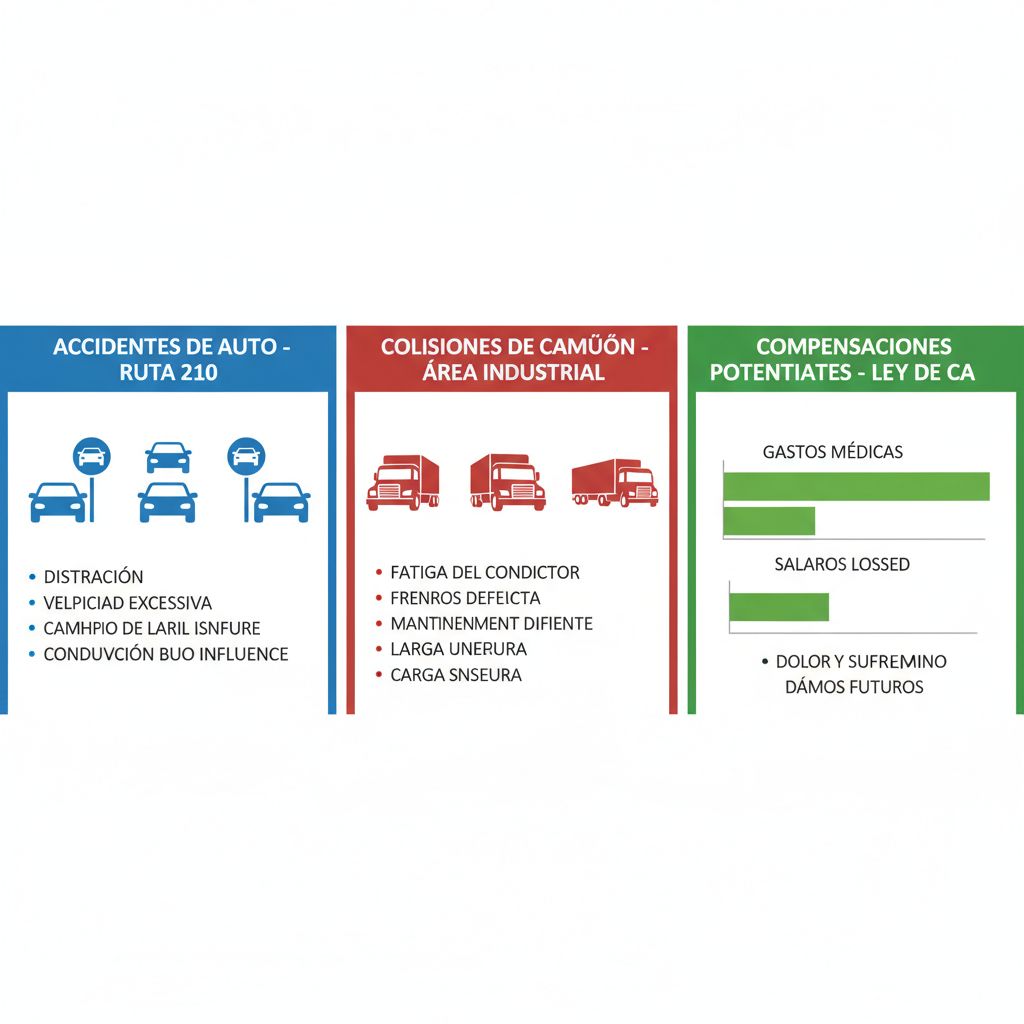 Infografía que compara tipos comunes de accidentes en Rialto con íconos y datos de compensaciones por lesiones personales en California