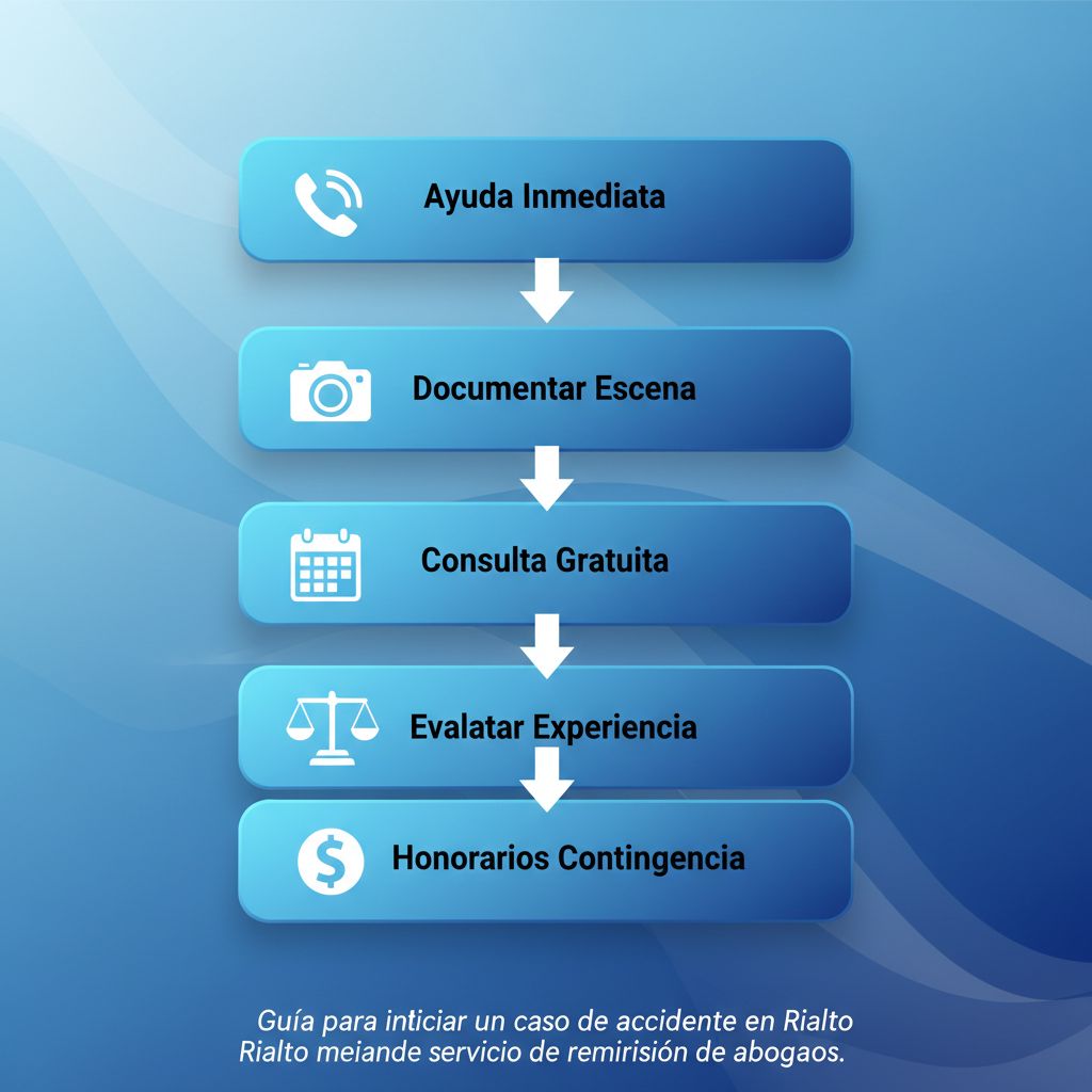 Diagrama de flujo vertical con cinco etapas para iniciar un caso de accidente en Rialto, ilustración profesional con íconos y conexiones.