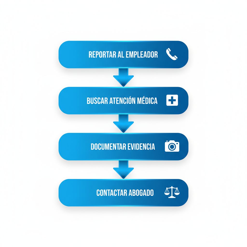 Diagrama de flujo vertical ilustrando los pasos iniciales para iniciar una reclamación laboral por lesiones en el trabajo, con íconos y etapas secuenciales.